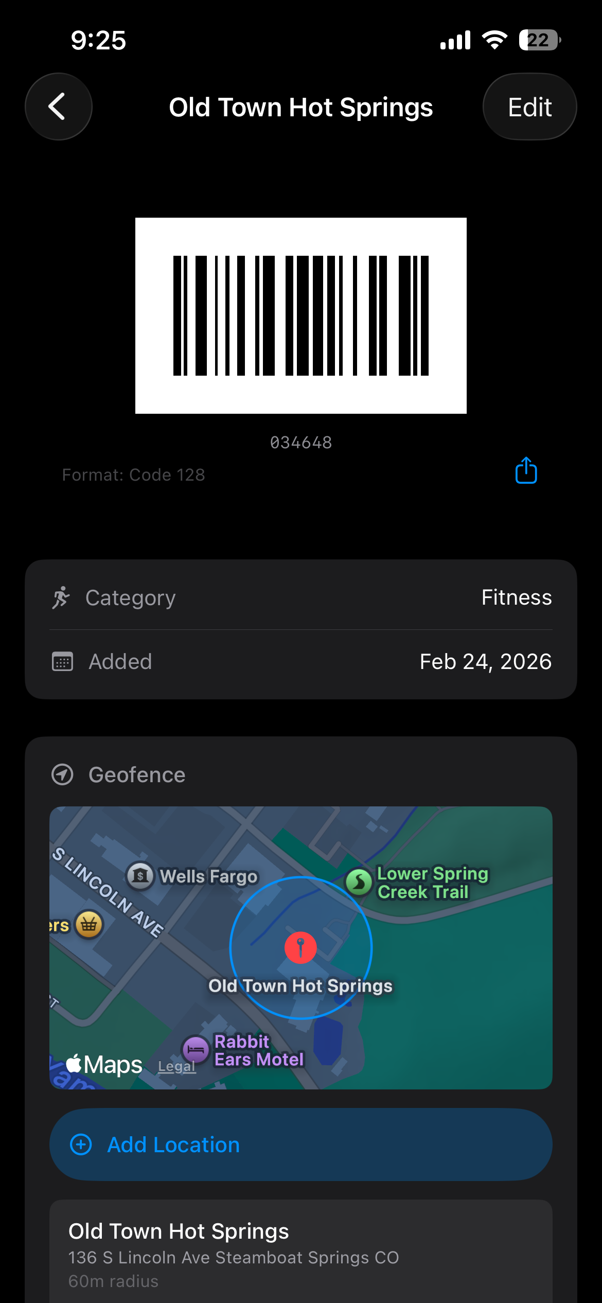 Hopscotch card detail screen showing location settings